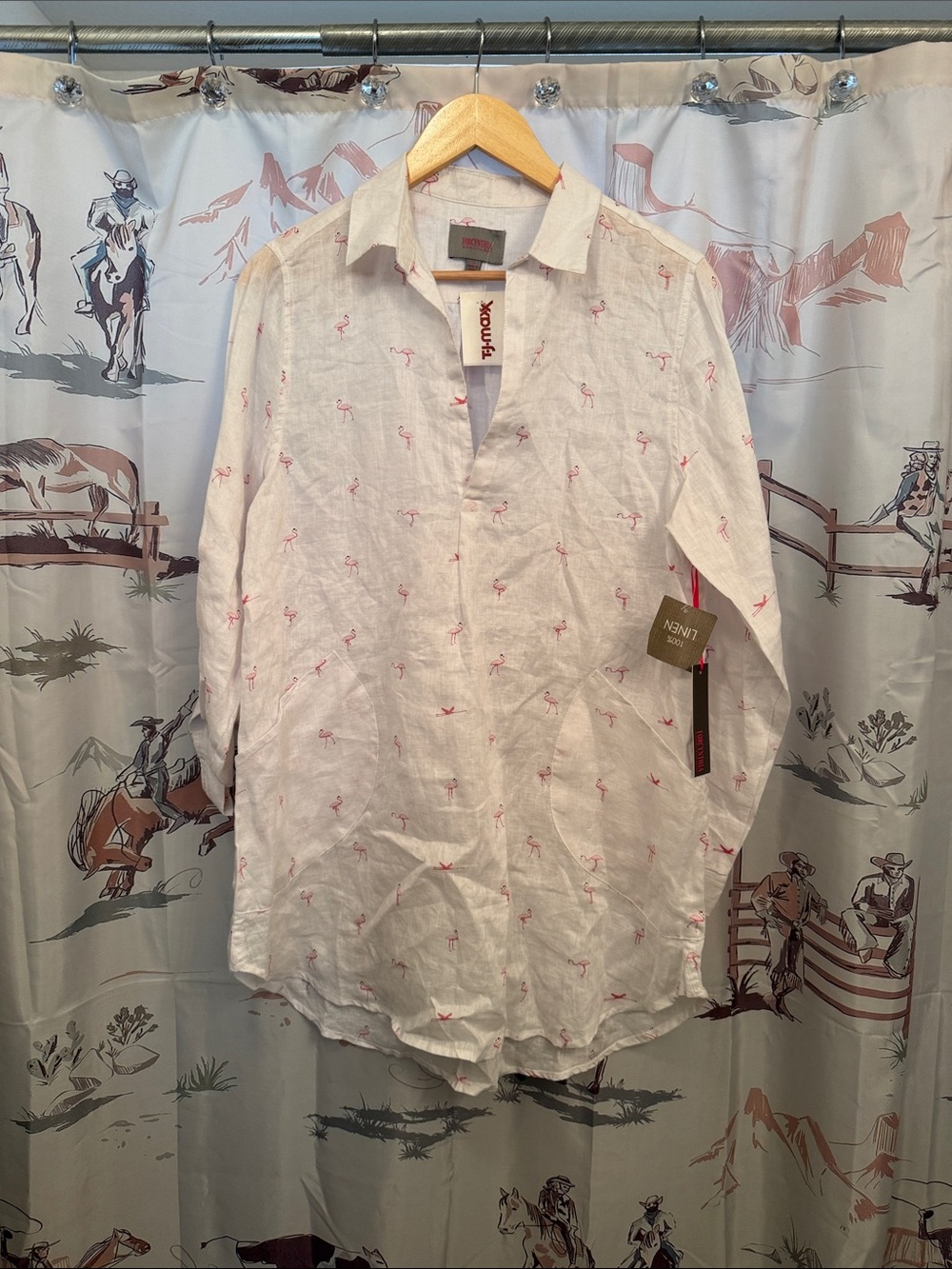 Linen Flamingo-Print Swim Coverup Tunic in White and Pink